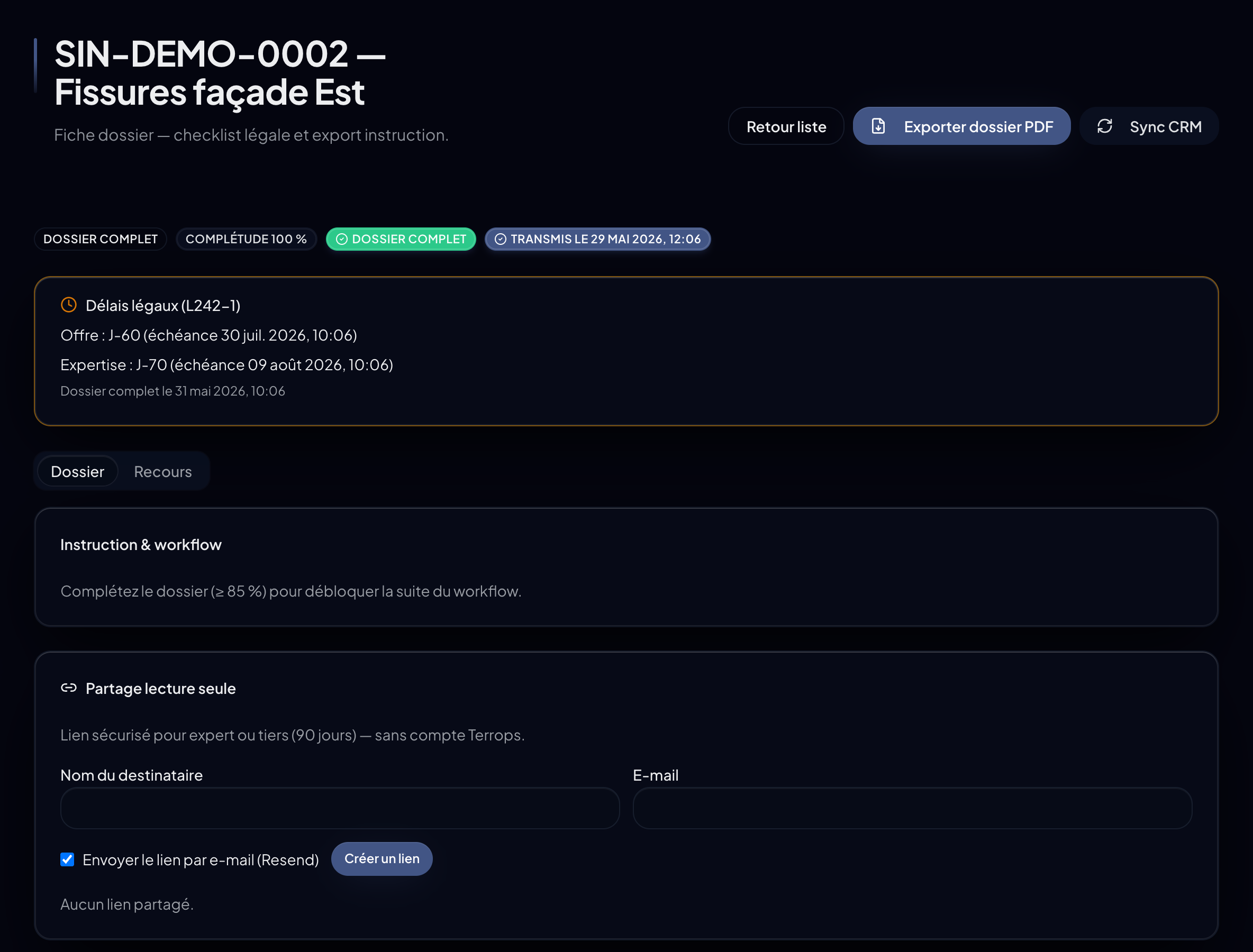 Backoffice courtier Terrops · dossier SIN-DEMO-0002 complet (100 %), transmis à l'assureur
