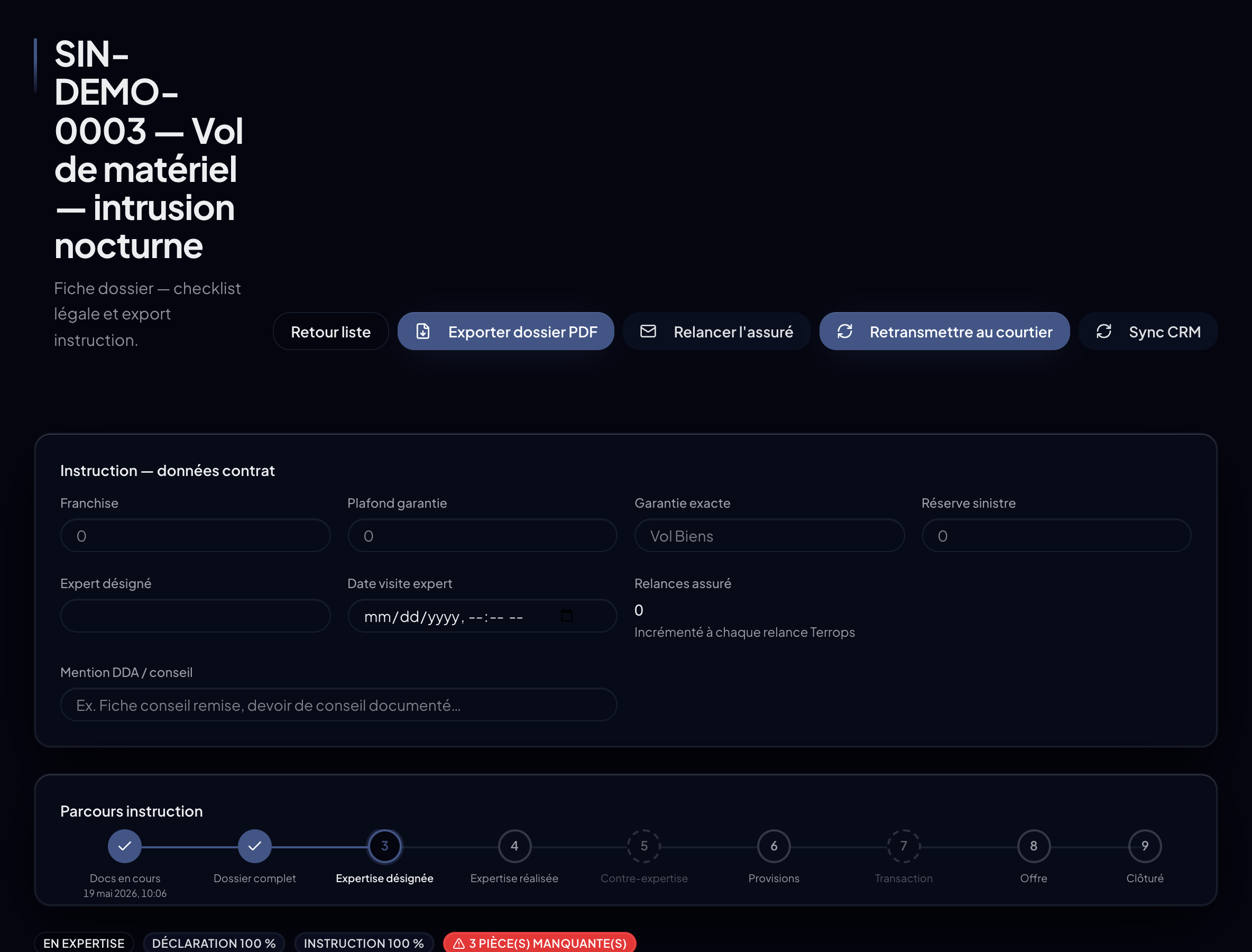 Backoffice assureur Terrops · SIN-DEMO-0003 complet (100 %), instruction en cours avec preuves rattachées
