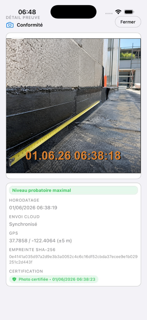 Écran preuve scellée avec horodatage eIDAS