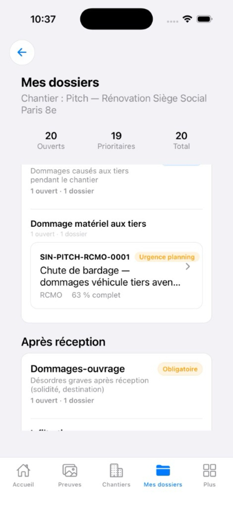 Terrops mobile, mes dossiers sinistre avec complétude et priorité