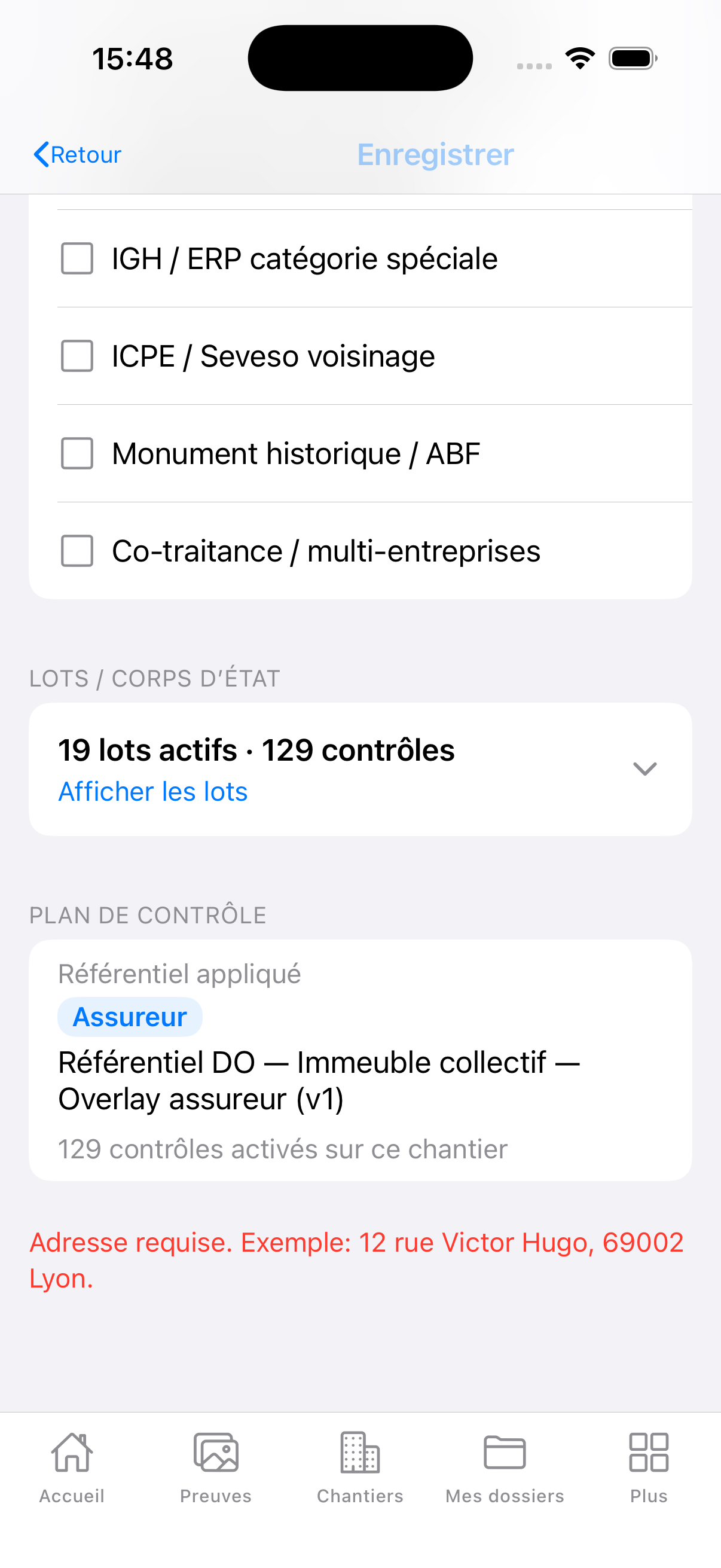 Nouveau chantier, immeuble collectif, modificateur amiante, badge Assureur, 129 contrôles