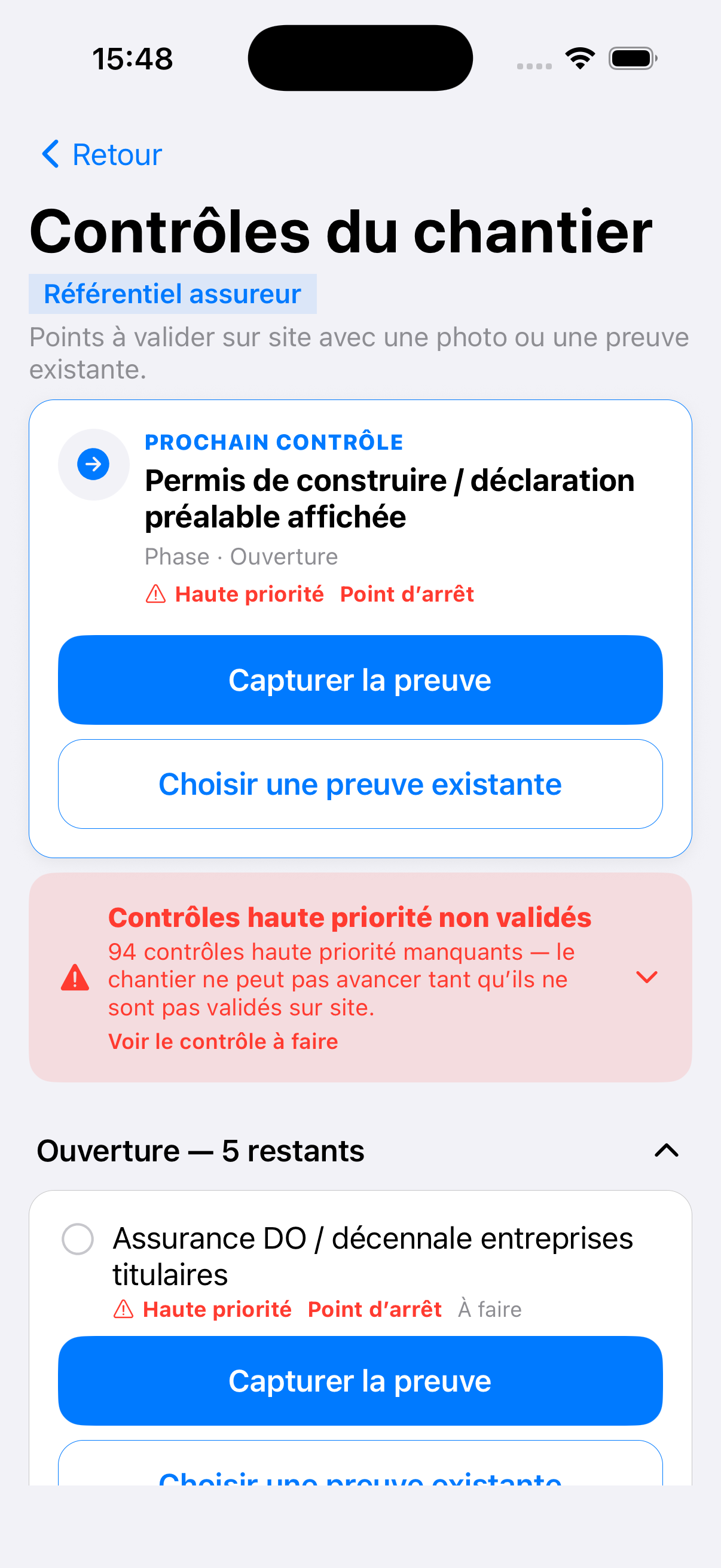 Contrôles chantier, badge Référentiel assureur, prochain contrôle et points d'arrêt
