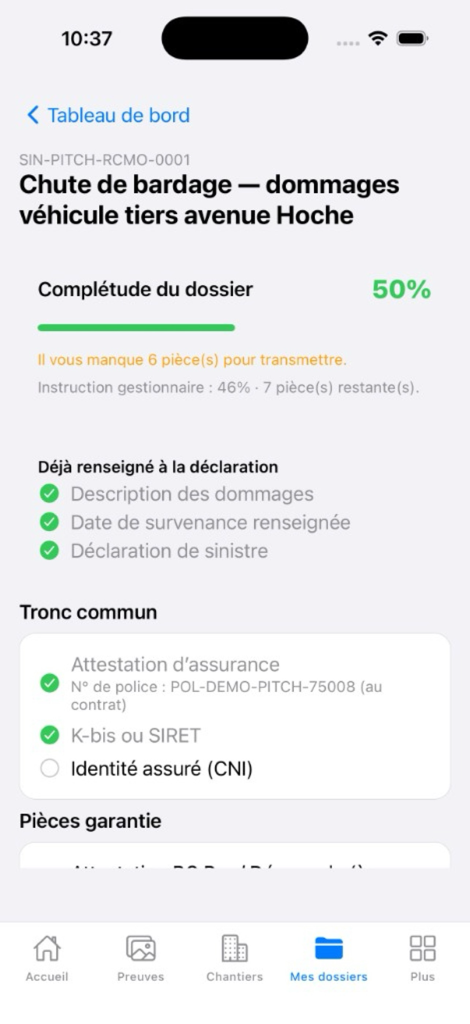 Complétude dossier sinistre, checklist pièces tronc commun et garantie