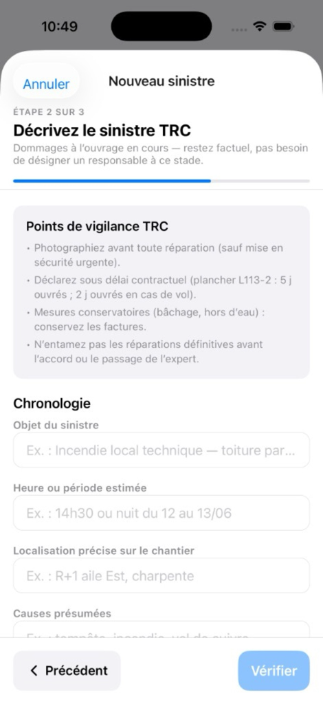 Nouveau sinistre étape 2, description factuelle du sinistre TRC