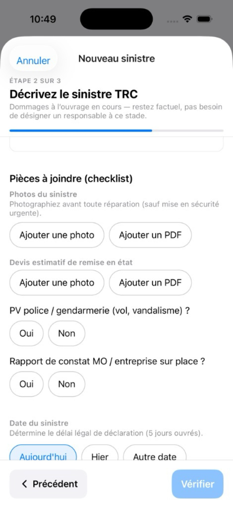 Pièces à joindre au sinistre TRC, photos et devis