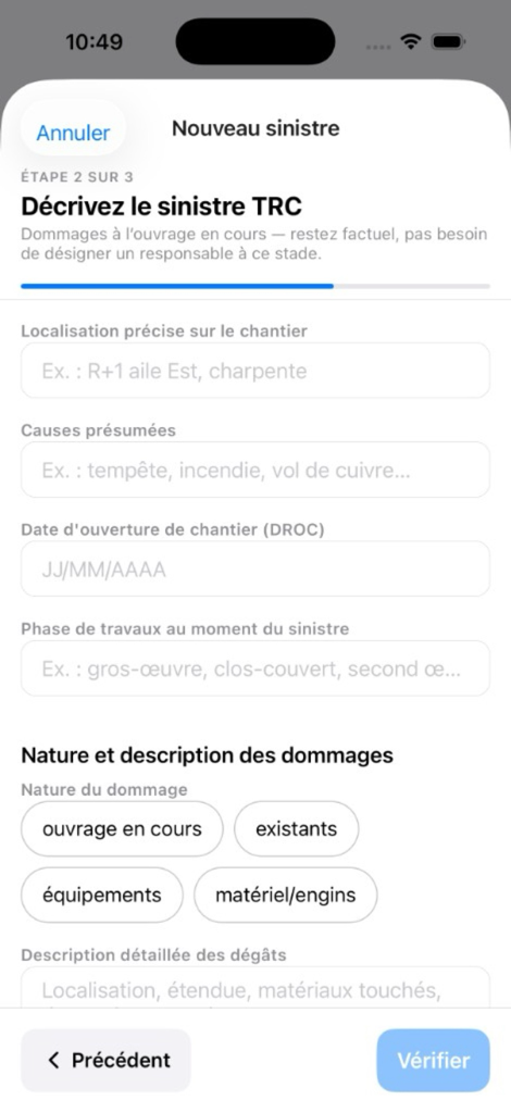 Description détaillée des dommages et estimation provisoire