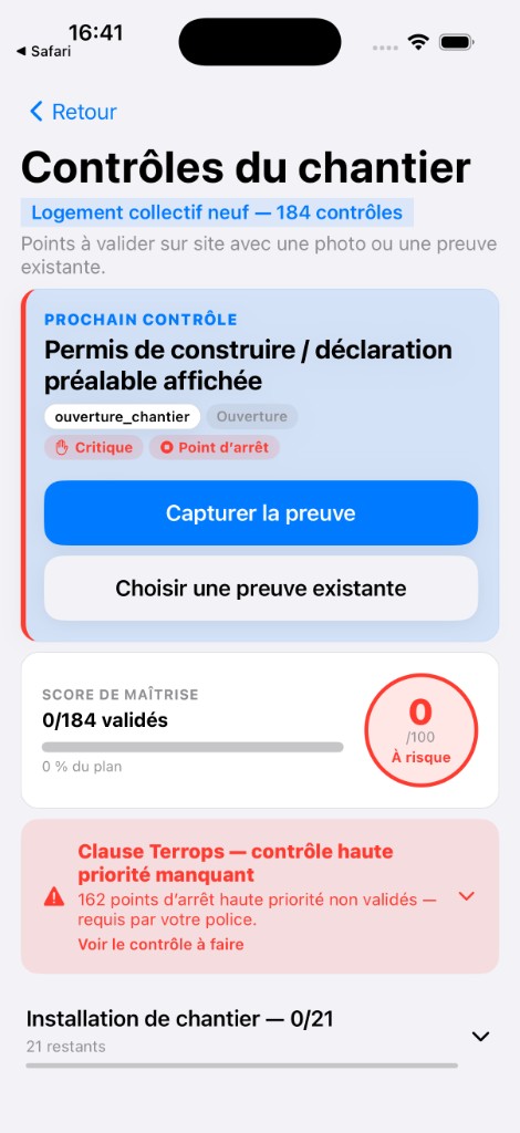 Score de maîtrise 0/100 avec jauge, clause Terrops et prochain point d'arrêt