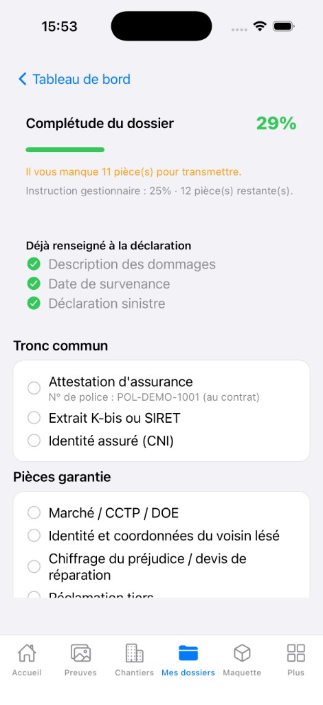 Suivi de complétude du dossier sinistre