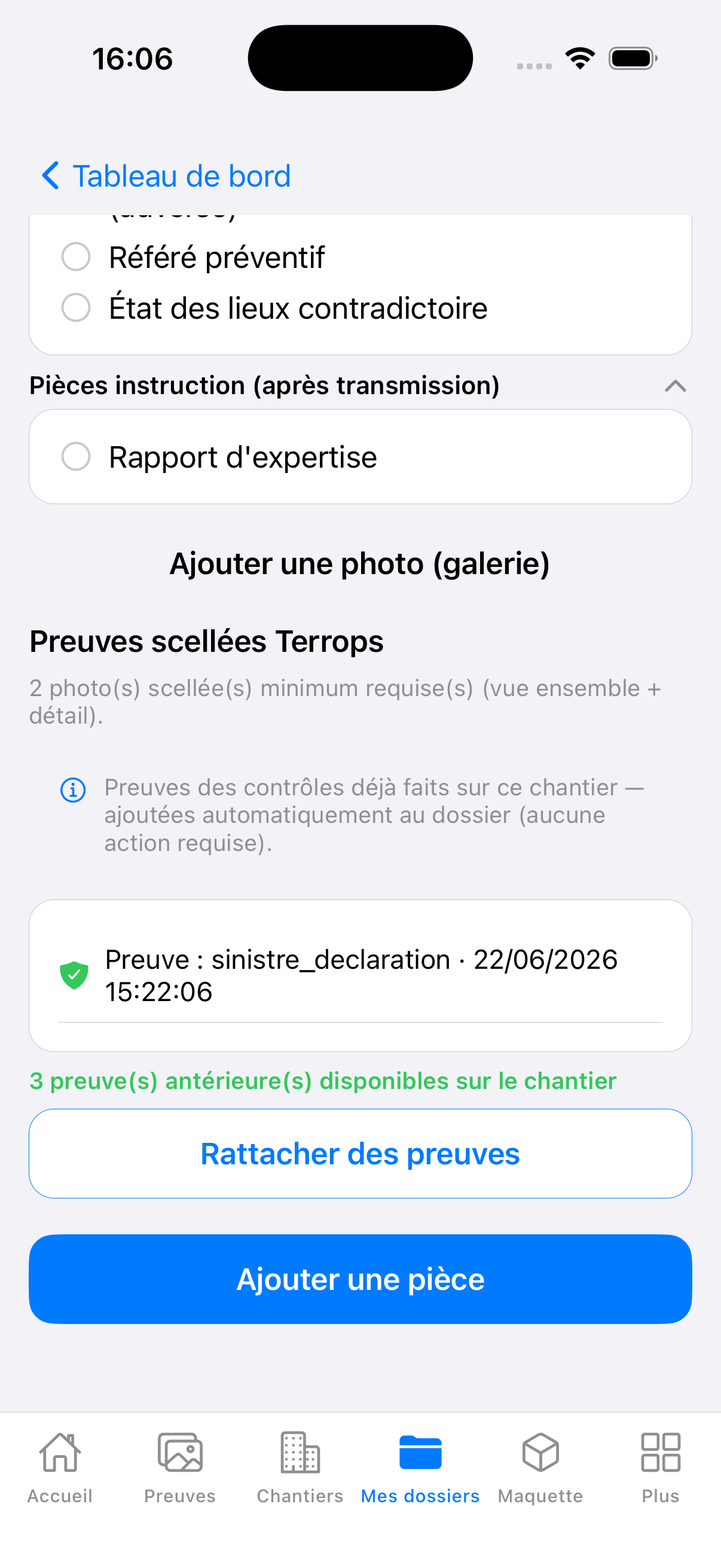 Rattachement des preuves scellées au dossier
